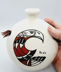 NATIVE AMERICAN EAGLE CERAMIC CANTEEN SIGNED - Picture 1 of 7