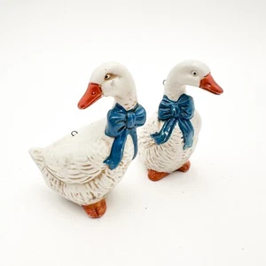 White Geese Blue Bows Ceramic Christmas Ornaments Figurines Vintage - Picture 1 of 12