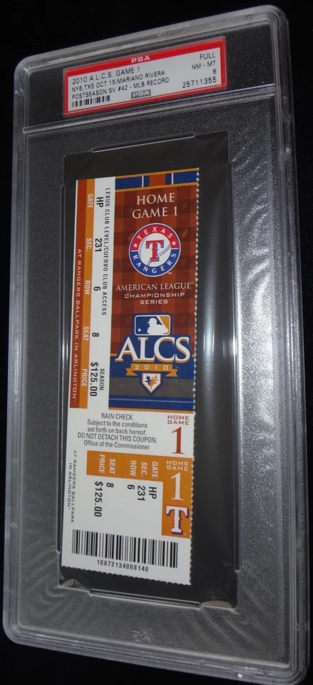  2010 ALCS Game 1 "Mariano Rivera 42nd PostSeason SAVE Record" FULL TICKET PSA 8 - Image 1 of 1