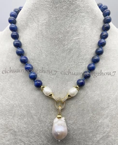 Natural Blue Lapis Lazuli Gems Beaded White Keshi Baroque Pearl Pendant Necklace