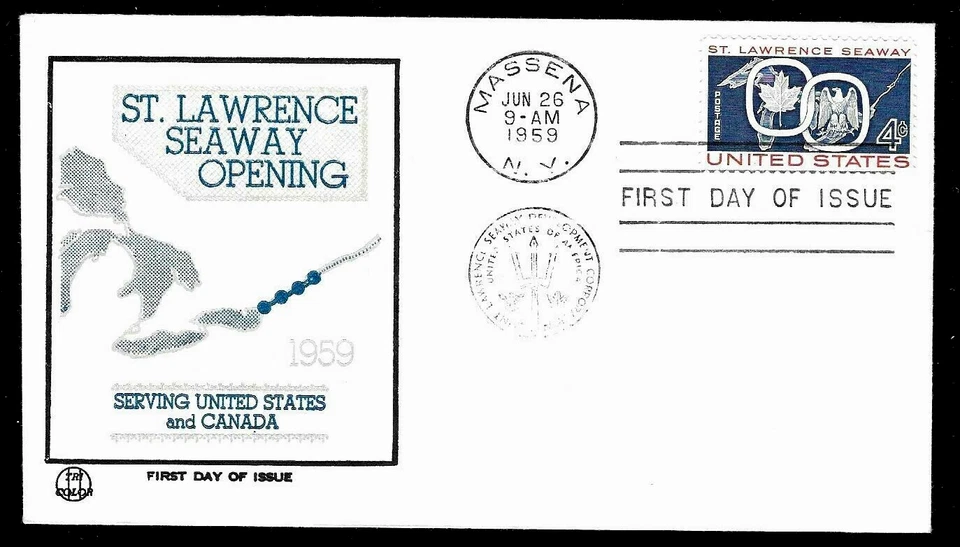 1131 4c Stamp (1959) GREAT SAINT LAWRENCE SEAWAY FDC BY TRI-COLOR CACHETS !!! - Image 1 of 1