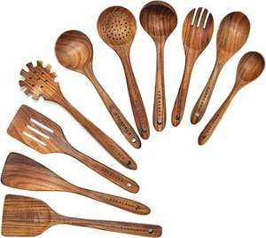 10 Pcs Wooden Spoons for Cooking Teak Kitchen Utensils Set Natural Spatulas - Picture 1 of 6