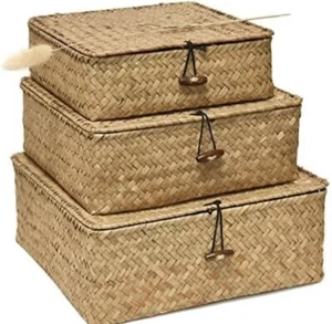 Straw Storages Baskets With Lid Handwoven Of Seagrass Square Storage Bins - Picture 1 of 3