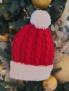 Santa Hat - Hand Knit Red & White Size Adult L - Picture 1 of 4