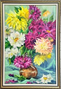Framed Original Oil Painting Dahlias Flowers Impressionism Still Life Art 27x19" - Picture 1 of 13
