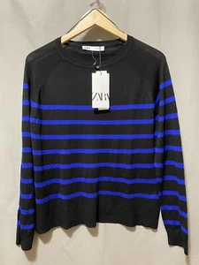 Maglione donna ZARA maglia leggera manica lunga taglia M nero/blu a righe nuovo con etichetta - Foto 1 di 9