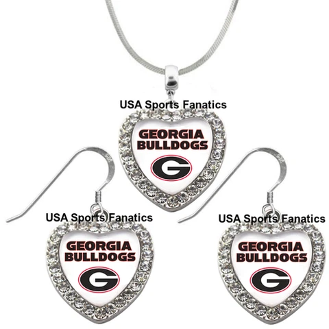 Georgia Bulldogs 925 Necklace or Earrings or Set Team Heart With Rhinestones Cover