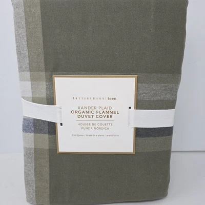 Pottery Barn Xander Plaid Flannel Full Queen Duvet Cover Green  N EW - Image 1 of 3