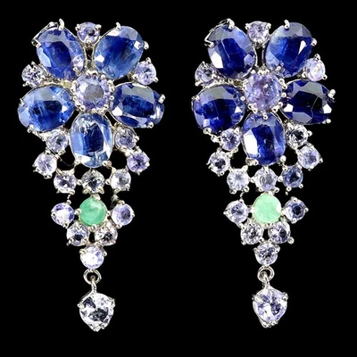 Pendientes de plata de ley 925 ovalados cianita esmeralda tanzanita piedras preciosas joyería Foto 1 de 4
