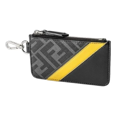 Fendi Diagonal Negro Girasol Amarillo Cuero de becerro Estuche de moneda Llavero Cartera  Foto 1 de 4