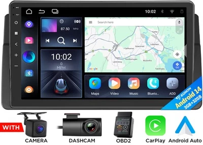 OBD+DVR+CAM+9 安卓 14 汽车立体声收音机 CarPlay GPS DSP 主机 适用于宝马 E46 — 第 1/4 张图片