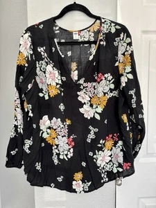 Old Navy Damen Top schwarz Blumen XL Langarm V-Ausschnitt Sommer fließend Plissee  - Bild 1 von 11