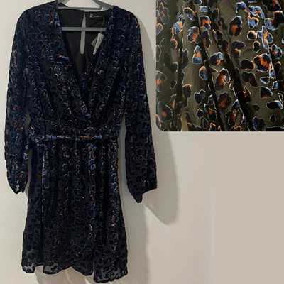 New York & Company Leopard Burnout Velvet Dress Size L  Bishop Sleeve Wrap Dress - Image 1 of 4