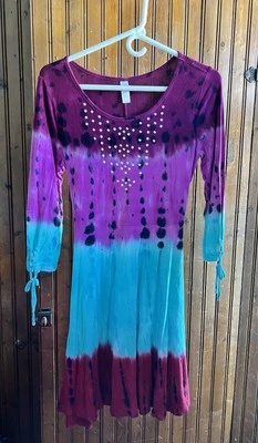 Justice Girls Boho Dress Sz 16 1/2 TYE DYE Colorful PURPLE Blue Jeweled - Image 1 of 3