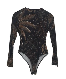 Farm Rio Women's Bodysuit Size M Black Mix Palm Star Print Jersey Rib New F1 - Picture 1 of 11