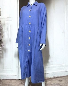 Vintage Jeanne Engelhart FLAX Dress Large Long Blue Linen Duster Maxi w Pockets - Picture 1 of 9