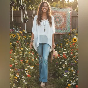 Kaitlyn size S sheer ethereal white blouse flowy Bohemian cover up hippie vibes - Picture 1 of 7