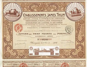 FRANCE HYDRO TOOLS COMPANY OF MARIGNIER certificado de stock 1921 JAMES THUM - Imagen 1 de 1