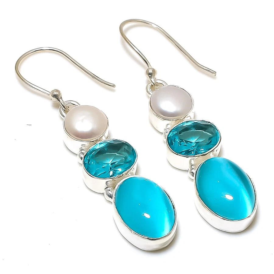 Blue Monalisa Topaz Pearl Gemstone Silver Plated Earrings Jewelry 2" - Image 1 of 1