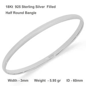925 Sterling Silver Filled Bangle Solid 3mm Ladies Small Sz 60mm Cuff Bracelet - Picture 1 of 3