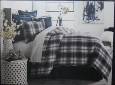 Cremieux Jameson King Duvet Cover Mini Set Navy Plaid Knit Linen Cotton Shams - Image 1 of 4
