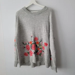 umgee use womens sweater size M floral embroidered oversized long sleeve gray - Picture 1 of 7
