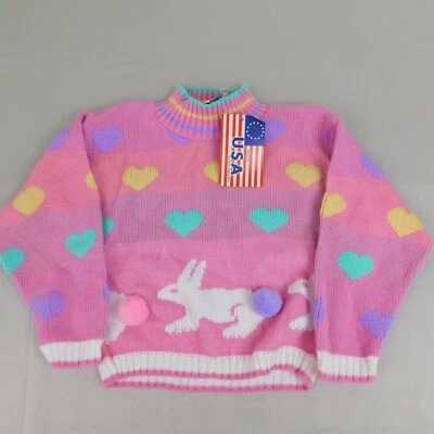 Vintage NOS Hot Cashews Easter Bunny Pom-Pom Hearts Kids Sweater 4, Small #9244 - Image 1 of 4