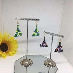 Beaded Flower Triangle Earrings Handmade With Miyuki Delica Glass beads - Picture 1 of 5