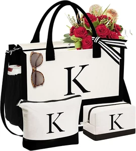 Initial Canvas Tote Bag & Makeup Bag, Personalized Birthday Gifts for Women Mom - Picture 1 of 12
