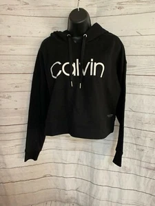 Calvin Klein Women’s Black Cotton Blend Big Logo Drawstring Hoodie Size S - Picture 1 of 7