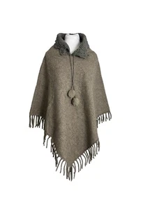 Vtg Brown Wool Poncho Crochet Collar Pom Poms Fringe One Size Possibly Handmade - Picture 1 of 8