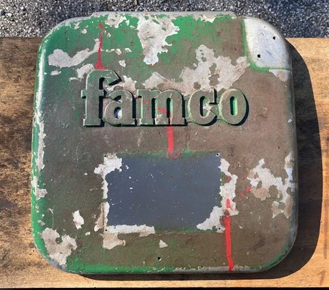 Antique Vintage Embossed Cast FAMCO Industrial Machine Part Sign Racine WI Cover