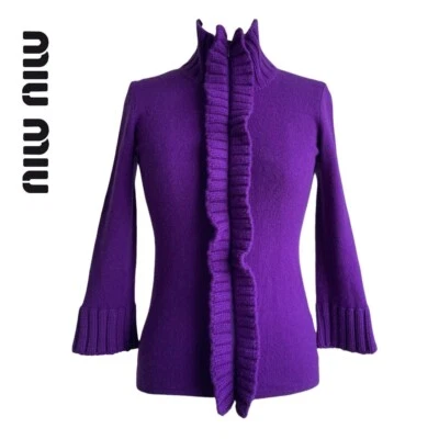 Cárdigan vintage miu miu F/W1999 y2k púrpura con volantes lana cremallera Foto 1 de 4