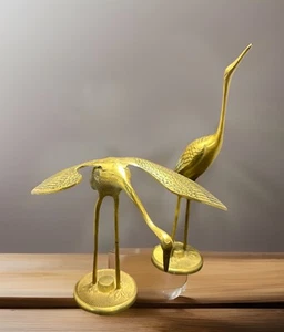 Vintage Set of 2 Solid Brass Cranes Heron Egrets Bird Figurine Statues MCM Decor - Picture 1 of 8