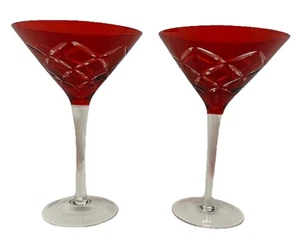 Ruby Red Cut To Clear Martini Glasses 7" Harlequin/Etched Diamond Pattern Set 2 - Picture 1 of 7