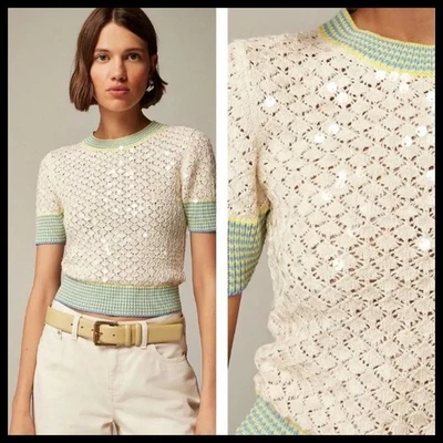 J. Suéter Top CREW Lentejuelas Pointelle Manga Corta Borde a Rayas Tenniscore Preppy Foto 1 de 4