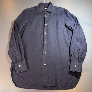 Kiton Linen Shirt Navy Blue Button Up Spread Collar Medium  - Picture 1 of 12