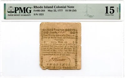Rhode Island Colonial Note Fr#RI-264 May 22, 1777 $1/36 PMG F-15 *14 Known* - Image 1 of 2
