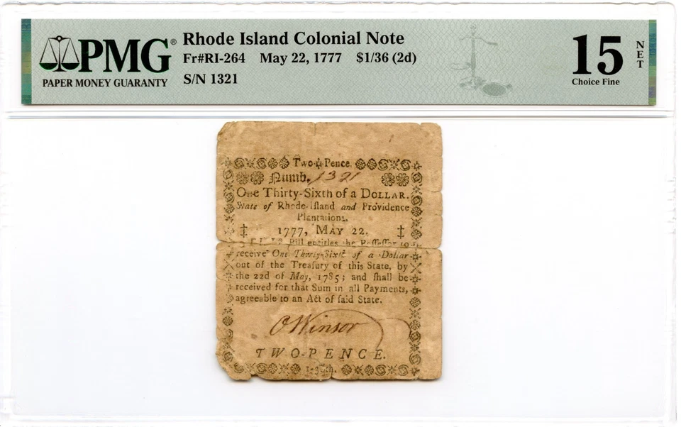 Rhode Island Colonial Note Fr#RI-264 May 22, 1777 $1/36 PMG F-15 *14 Known* - Image 1 of 2