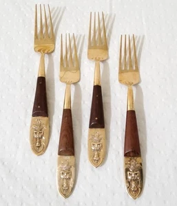 Vintage Lot Of 4 Siam Wood Bronze Buddha Design Forks - Picture 1 of 5