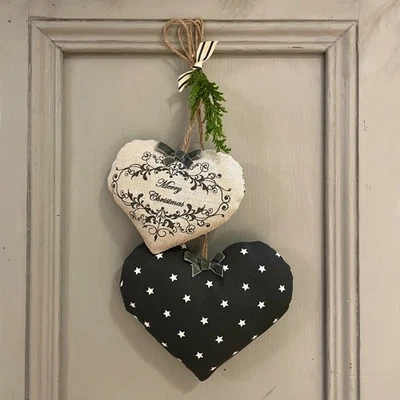 Handmade Hanging Christmas fabric Hearts - Greetings on linen & Stars on black - Image 1 of 4