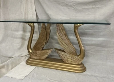 Vintage Carved Wood Regency Style 29" Swan Bird Double Pedestal Table W/ Glass - Image 1 of 4
