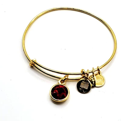 Signed Alex & Ani Bangle Red Ruby Stone Charm Gold Tone Birthstone July Bracelet - Image 1 of 4