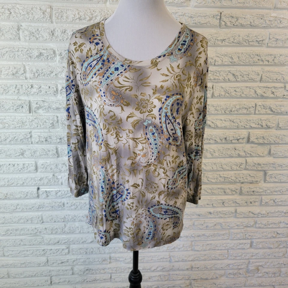 Caribbean Joe Womens Top Extra Large XL 3/4 Sleeve Blue Green Paisley Comfy - Image 1 of 4