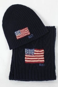 Polo Ralph Lauren Cableknit Wool Navy Blue Flag Scarf Beanie Hat Set NWT - Picture 1 of 2