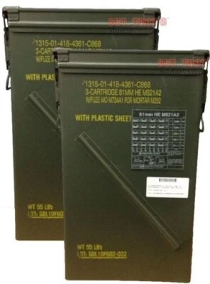 2 PACK 81mm Ammo Can M821A2 Tall Metal Can Genuine USGI VGC - Image 1 of 4