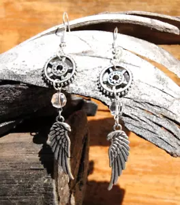 Ohrringe Schmuck Silber Zahnräder, Vintage Perlen, Engelsflügel Steampunk Mode - Bild 1 von 2