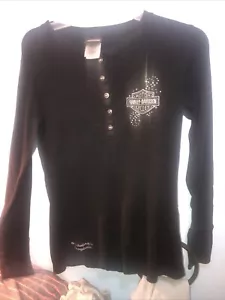 Harley Davidson nero manica lunga strass Henley snaps morbido Erie Pa XL - Foto 1 di 5