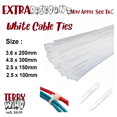White Cable Ties Zip Ties Nylon UV Stabilised 100/200/500/1000 Cable Tie - image 1 of 4