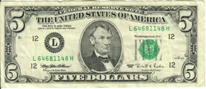 1995 5$ FRN - Small portrait w/ security thread - MEW/RER L64681148H - #15348 - Picture 1 of 2